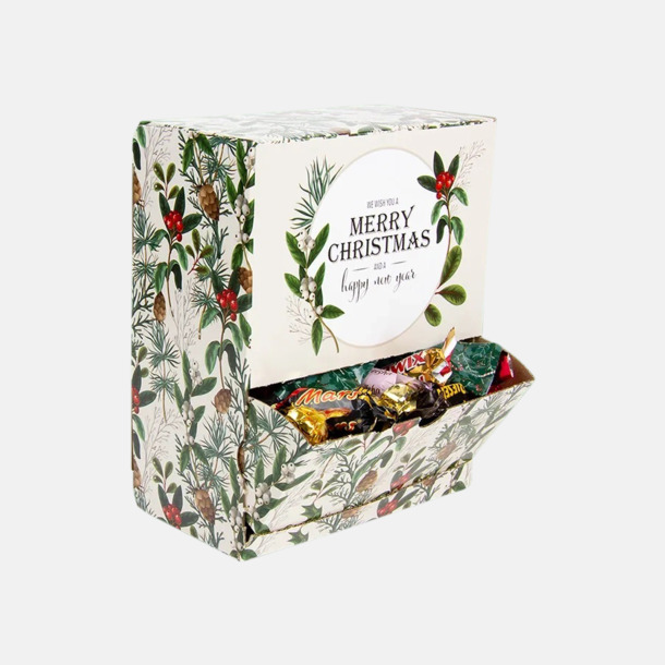 (Gammalt motiv)  Julmönstrade godisautomater med inslaget godis - med reklamtryck