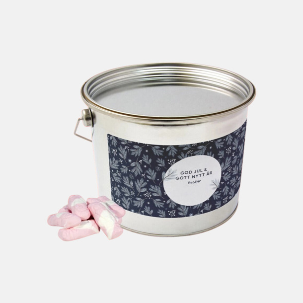 Förtryckt banderoll (gammalt motiv)  Plåthink med egen ettikett fylld med välkänt kvalitetsgodis