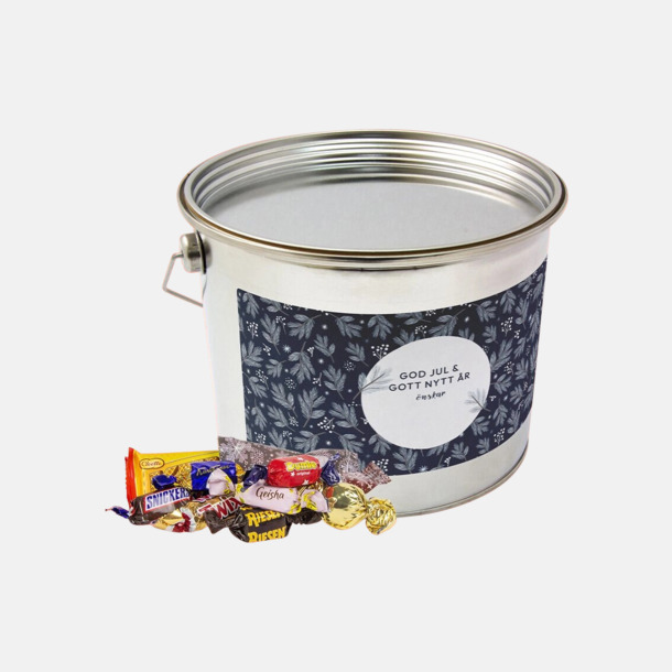 Förtryckt banderoll (gammalt motiv)  Plåthink med egen ettikett fylld med välkänt kvalitetsgodis