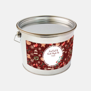 Plåthink med egen ettikett fylld med välkänt kvalitetsgodis