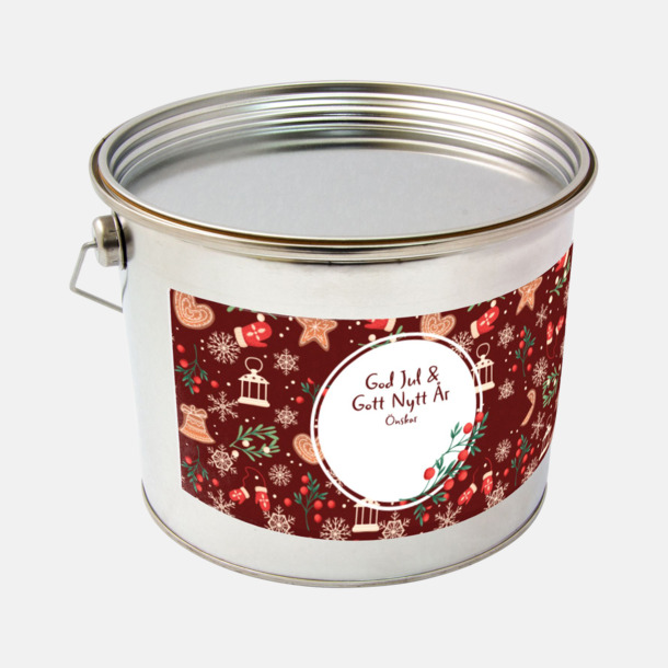 Förtryckt banderoll (röd) Plåthink med egen ettikett fylld med välkänt kvalitetsgodis