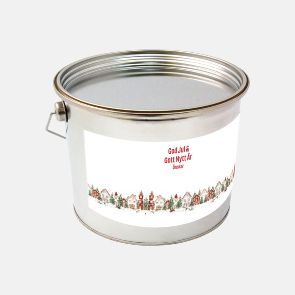 Förtryckt banderoll (vit) Plåthink med egen ettikett fylld med välkänt kvalitetsgodis