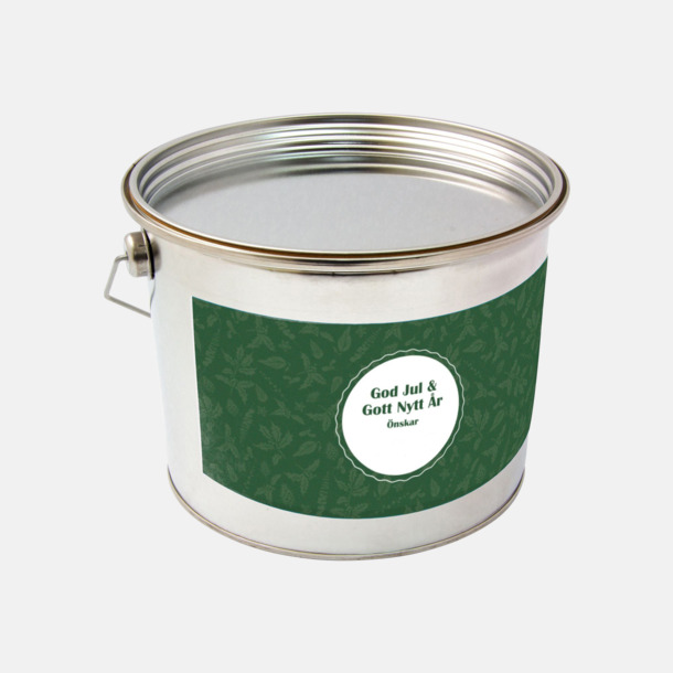 Förtryckt banderoll (grön) Plåthink med egen ettikett fylld med välkänt kvalitetsgodis